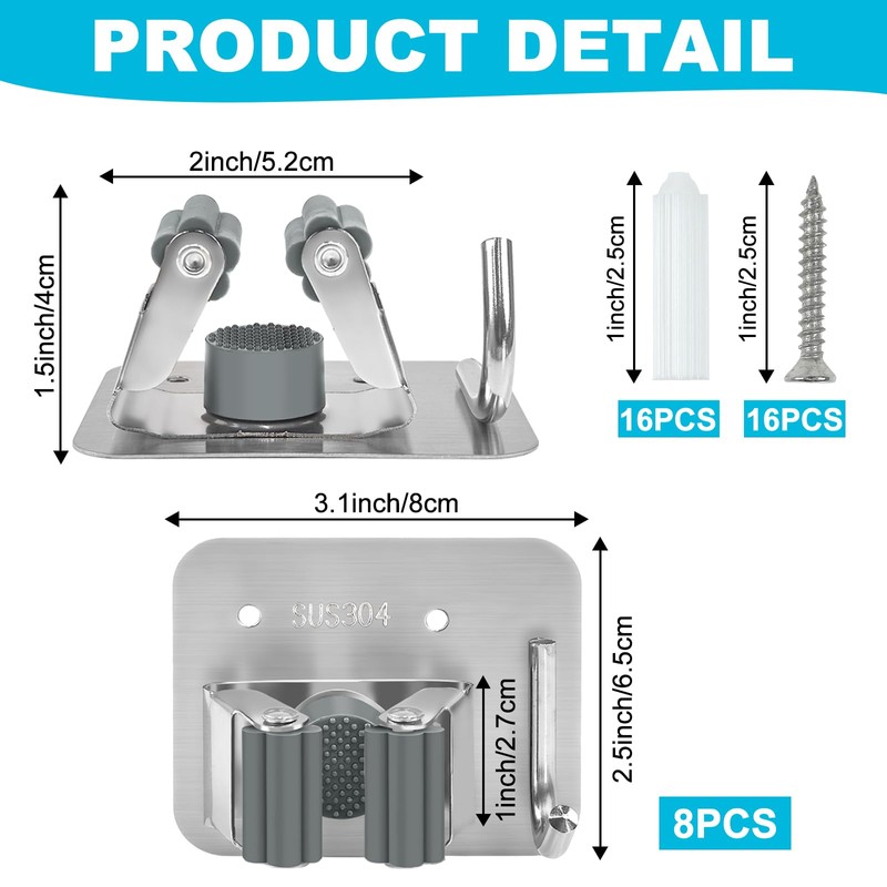 Wensdr 8 Pack Broom Holder Wall Mount, Stainless Steel Broom