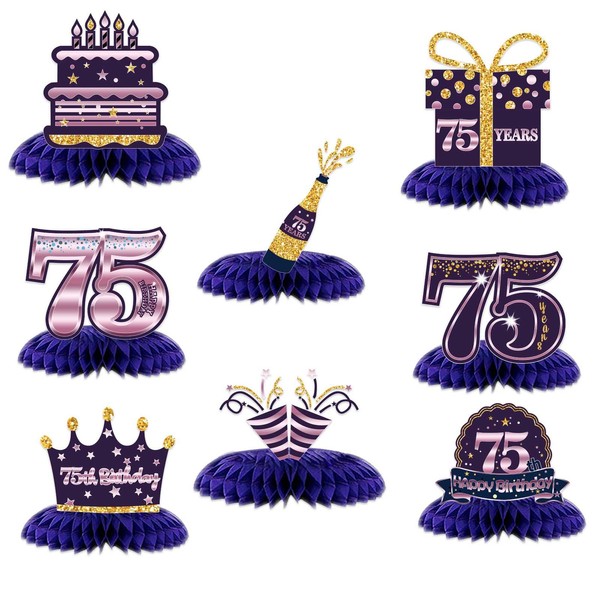 COOSOAR-Happy 75th Birthday Honeycomb Centerpieces 75th Birthday Decor Purple Golden Table Toppers Saludos a 75 años Decoraciones de mesa para mujer Hombre Aniversario Setenta y cinco años Fiesta de c
