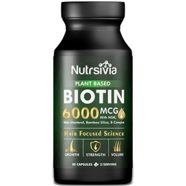 Nutrsivia Nutrsivia Vegan Biotin Hair Growth Supplement 6000mcg with MSM, Beta-Sitosterol & Bamboo Silica - Hair, Skin & Nails Support 80 Capsules for Women & Men