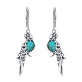 Vintage Parrot Turquoise Earrings 925 Sterling Silver Parrot with Natural Turquoise Dangle Earrings Bird Earrings for Women, Sterling Silver