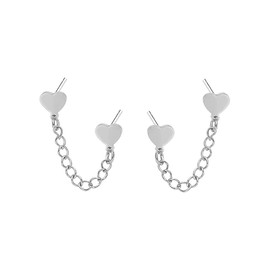 Cute Heart Love Double Piercing Huggie Stud With Short Chain Stainless Steel Earrings for Women Girls Cartilage Two Holes Fashion Chic Minimalist Climber Crawler Threader Dangle Drop Gifts (Silvery)