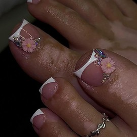 Press on Toenails French Tip Fake Toenails Full Cover Pink Square Diamond False Toenails with 3D Pink Flower Designs Rhinestones Glossy Short Acrylic Toes Nails Artificial Toenail for Women Girls