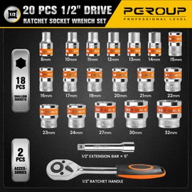 pgroup 20 PCS 1/2" Drive Metric Socket Wrench Set,1/2 Reversible Ratchet Handle，6 Point Shallow Sockets (8-32mm) and Extension Bar 5", CR-V Steel, Car Repair Set