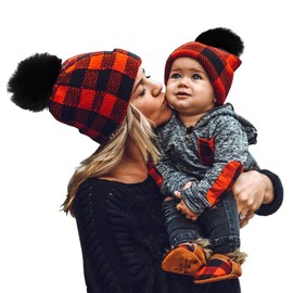 SoulQ Parent-Child Family Matching Hats Mother Baby Knit Crochet Winter Warm Hat Pompom Beanie Cap 0-3 Years (Adult&Baby)