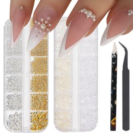 Nail Charms, Metal Gold & Silver Flat Back Round Nail Art Charms, Small Nail Pearls, 3D Mixed Sizes Decorations for Nails