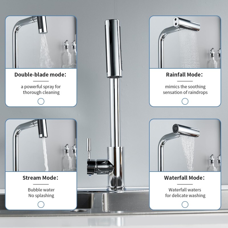 Kitchen Faucet Pull Down 4 Modes(Sweep/Stream/Waterfall/Rainfall) Chrome Kitchen Faucets Pull