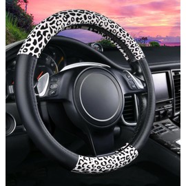 Forala Cheetah Car Steering Wheel Cover Luxurious Plush Leopard Print Leather Cute Car Wheel Protector Universal 15 Inch Fit for Vehicle, Car, Auto, SUV (White)
