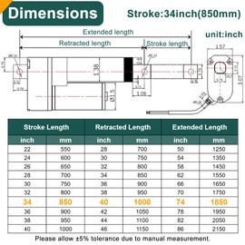JQDML 34 Inch Stroke Linear Actuator 12V Heavy Duty 440lbs/2000N IP65 Waterproof Electric Actuator Speed 0.31"/sec with Mounting Brackets