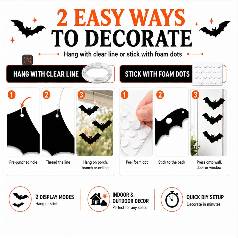 QEKIUII 12 Pack Hanging Halloween Bat Decorations, Plastic Bat Cutouts