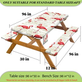 Picnic Table Cover with Bench Covers Vinyl Elastic Edges Fitted Rectangle Tables Seat Waterproof 3-Piece 96X30in Set Outdoor Rectangular Folding Backing Tablecloth for Camping Over Size White Flamingo