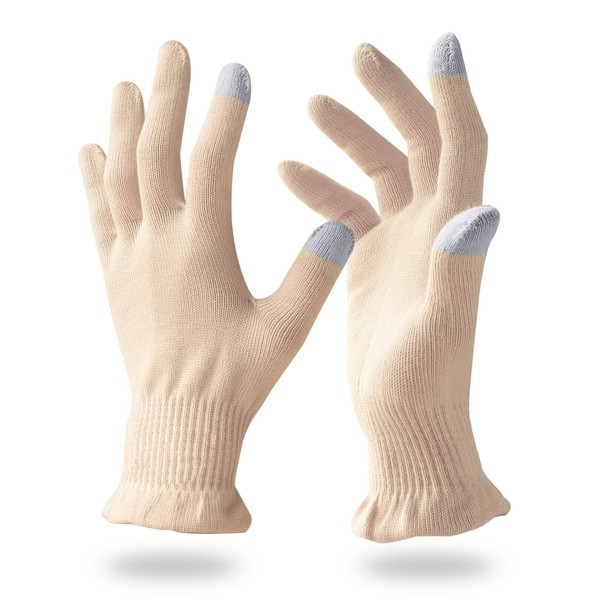 Migliore Wear 2 Pairs Cotton Gloves for Eczema with Touchscreen Fingers, Moisturising Gloves for Dry Hands, SPA, Hand Care, Eczema Gloves for Adults(Beige Sand-S/M)