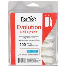 ForPro Professional Collection Evolution Nail Tips, Artificial Manicure Tips for Acrylic Nails, Full Contact, Gentle C Curve, 100-Count Tray (10 Each Size 1-10) w/Nail Glue