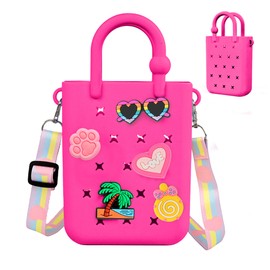Mini Rubber Tote Bag, EVA Waterproof Beach Tote for Little Girls And Woman, Silicone Hole Small Bag for Travel Outdoor, Cute Rubber Beach Bag with 20 Charms & Adjustable Shoulder Strap