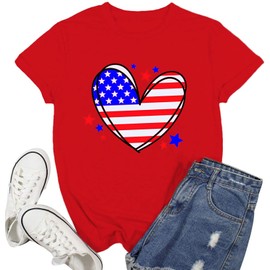 Ascrazy American Flag Shirts Women 4th of July T-Shirt Heart Patriotic Tee Stars and Stripes Tee Tops Red