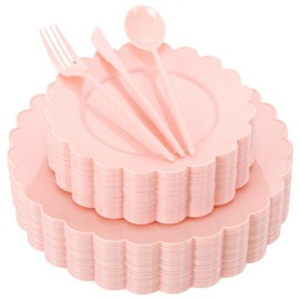 WONDERFUL 150 Pcs Pink Plates Disposable Heavy Duty Plastic Dinnerware Set Disposable Plates and Utensils Set Plastic Plates for Wedding & Bridal Shower Pink Party Decorations Suitable for 30 Guests