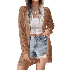 Zeagoo Womens 2025 Summer Crochet Cardigan Sweaters Lightweight Long Sleeve Open Front Kimono Boho Knit Cover Ups Brown