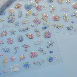 1 Sheet Marine Life Nail Stickers Shell Light Nail Design Stickers 5D Embossed Starfish Shell Self-Adhesive Nail Decal Acrylic Nails Art Supplies for Women DIY Summer Manicure Decoration