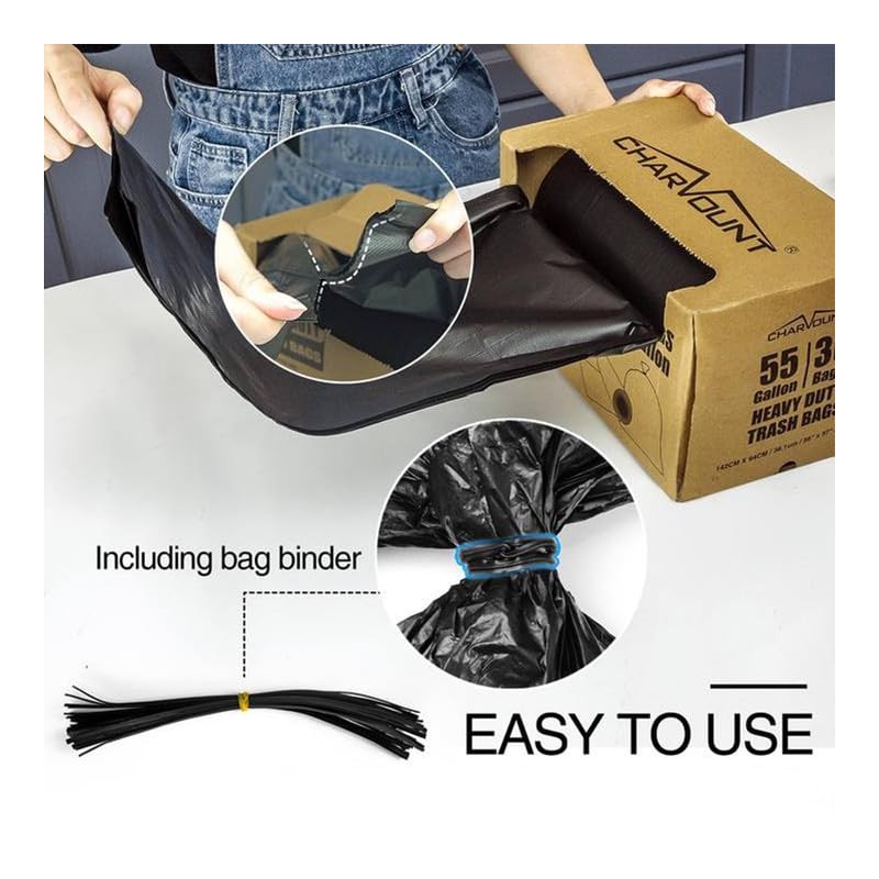 Charmount 55 Gallon Trash Bags,1.5 Mil-37"x 56" W/Ties Black Heavy
