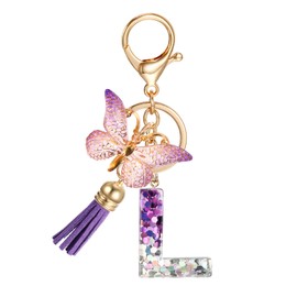 JSRQT Keyring with Initial Letters for Women Girls, Butterfly Tassels Pendant Key Chain with Purple Resin Letters for Handbag Backpacks, l