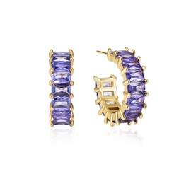 Mesovor Gold Cubic Zirconia Open Hoop Earrings for Women, 18K Gold Plated C Shape Hoop Earrings Jewelry for Party Prom (Purple)