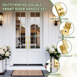 Moquin Double Front Door Lock Set, Brushed Gold Square Front Door Hardware Set with Dummy, Heavy Duty Door Handle with Deadbolt, Stain Brass Double Entry Door Lock Set with Reversible Handle