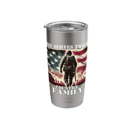 He Serves Twice Country & Family Military Veteran Father Dad Stainless Steel Insulated Tumbler