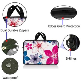 Laptop Skin Shop 14" - 14.9" Neoprene Laptop Sleeve Bag Carrying Case with Handle - White Pink Blue Flower Leaves