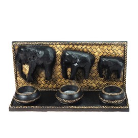 Elephant Family Parade Carved Rain Tree Wooden Triple Candle Holder - Fair Trade Handicraft by Thai Artisans