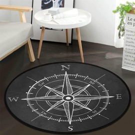 keepcute Vintage Wind Rose Compass Black Round Area Rug for Bedroom Living Room Study Playing,Non-Slip Round Floor Mat Carpet,4 ft