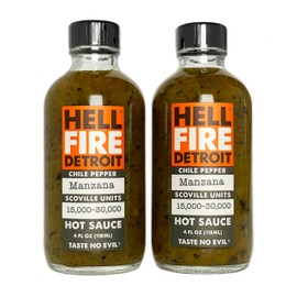 Hell Fire Detroit Manzana Hot Sauce (Hot), Crafted with Fresh, Fire-Roasted Manzana Chile Peppers, All-Natural, Vegan, Gluten-Free, Low Sodium – 4 Fl Oz (Pack of 2)