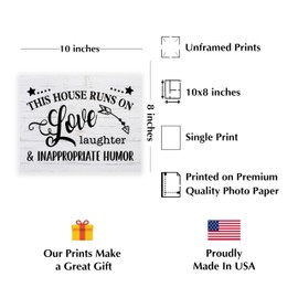 House Runs on Love - Funny Family Wall Art, This Beautiful Rustic Inspirational Wall Art Is Perfect Decoration For Home, Office, Welcome, Living Room, or Farmhouse, Great Gift Of Fun, Unframed- 10x8