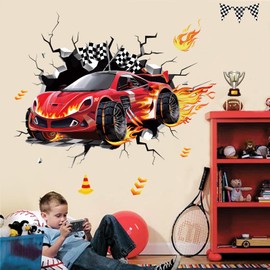 decalmile 3D Racing Cars Wall Decals Red Cars Flags Wall Stickers Boys Bedroom Kids Room Playroom Wall Decor
