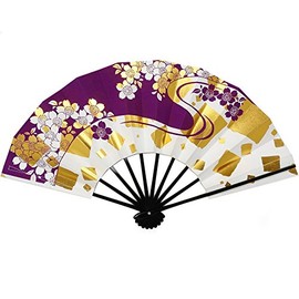 Aidata Mai Fan, 9.0 inches (5 minutes), Black Lacquered Flowing, Cherry Blossoms, Gold Paper, Purple, Red, purple