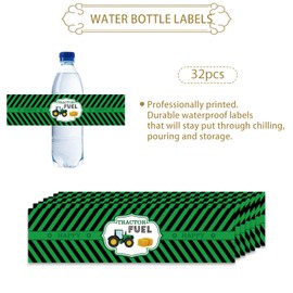 32pcs Tractor Water Bottle Labels, Tractor Birthday Water Bottle Stickers, Green Farm Truck Water Bottle Wrappers for Boys, Farmer Birthday/Baby Shower Party Decoration