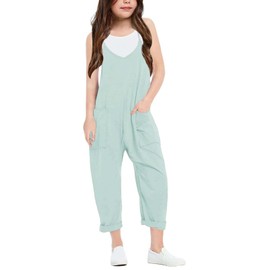CharmWM Girls Casual Jumpsuits Spaghetti Strap Sleeveless Loose Romper Long Pants with Pockets Kids Clothes Blue Grey