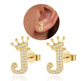 Initial Stud Earrings for Women Girls, 18K Gold Plated CZ Diamond Stud Earrings, Hypoallergenic Fashion Alphabet Letter Initial Earrings for Birthday Christmas Valentine's Day Gifts-J