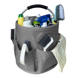 Goujfol Cleaning Caddy with Handle, Tool Bag with Handle, 17L Bucket Bag, Foldable Storage Basket, Portable Multi Cleaning Organiser Caddy, Multi Pocket Craft Universal(Gray)