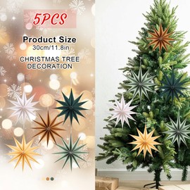 BestoFun Pack of 5 Paper Stars Christmas Brown 30 cm Beige 12 Points Paper Stars Folding Stars with Velcro Fastening Dark Green Hanging White Sage Green Christmas Decoration for Table Decoration