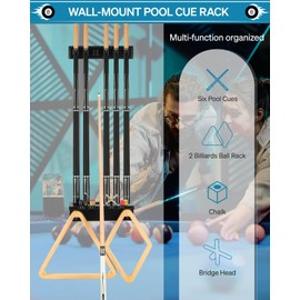 EXTCCT Pool Cue Rack Stick Holder - Wall Mount Billiards Pool Cue Rack Oak Solid Hardwood Pool Cue Set Holder for 6 Cues Sticks Storage Pool Table Accessories Equipment Organizer