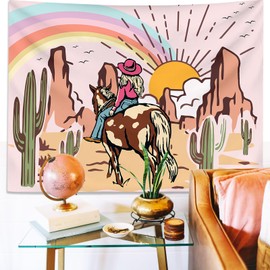 KJHL Cowgirls Rainbow Wall Tapestry for Teen Girls, 44 x 60 Inch Retro Pink Tapestry Wall Hanging Cowgirl Gifts for Women, Western Room Decor Aesthetic Tapestries for Bedroom Dorm