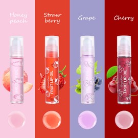 4 Pcs Fruit Lip Oil Set Lip Gloss Crystal Jelly Liquid Lipstick, Set Moisturizing Hydrating Non-Stick cup Long Lasting Lip Kit for Women and Girls