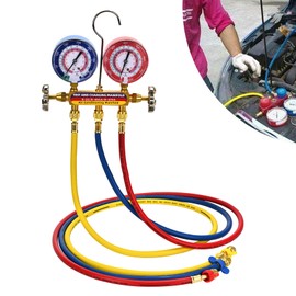 2025 Upgrade 42004 Test and Charge Manifold with 3-1/8" (80 mm) Gauge, 1/4" to 1/4" Standard Flare Fittings with 60" HVAC Hose, Gauge with Colored Label for R-22/404A/410A Refrigerant, Yellow/Red/Blue