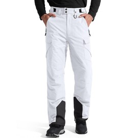 FREE SOLDIER Men's Waterproof Snow Insulated Pants Winter Skiing Snowboarding Pants with Zipper Pockets (White Large(38-40)/30L)