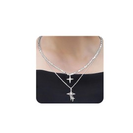 Mesaro Women's Stainless Steel Double Cross Broken Silver Necklace, North Star, North Star, Moonstone, Sequins, Hematite, Irregular, Straight, Unique, Elegant, Platinum, Hypoallergenic, Gift,