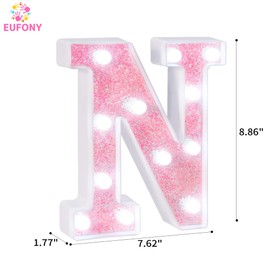 EUFONY Pink Glitter Marquee Light Up Letters, Battery Powered LED Alphabet Letter Lights Sign for Birthday Party Table Decorations, Wall Decor for Girls Room, Pink Initial Letter N w/Cool White Lights