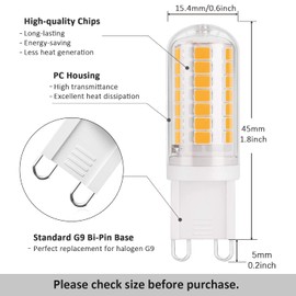 DiCUNO G9 LED Bulb, 4W (40W Halogen Equivalent), Warm White 3000K, Bi Pin Ceramic Base 430LM 120V, Non-Dimmable for Chandelier Pendant Ceiling Lighting, 6-Pack