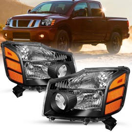 SOCKIR Headlight Assembly Set Replacement for 2004-2015 Nissan Titan / 2005-2007 Armada Halogen Headlamp Driver and Passenger Side Black Housing Amber Reflector