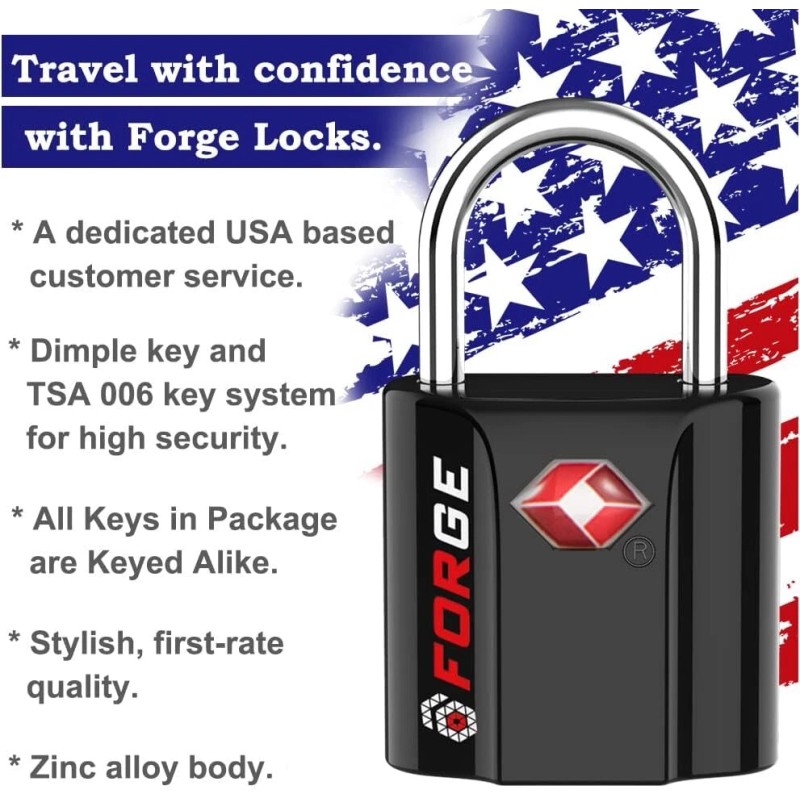 Forge Black 4 Pack TSA Approved Travel Luggage Locks Ultra-Secure