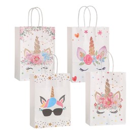 Simneygo Unicorn Party Gift Bags with Handles, 24 Pack, White Paper Bags with Floral Design for Birthday Party Favors