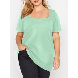Eytino Plus Size Womens Tops Casual Square Neck Puff Sleeve Summer Loose Fit Tee Shirts,5X Light Green